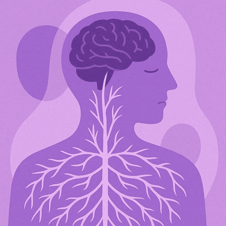 An illustration of a person with visible internal anatomy including the brain and nervous system, symbolizing the somatic dimensions of attachment and trauma – Optima Health Services