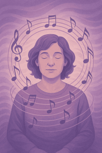 A person surrounded by flowing musical notes and sound waves, symbolizing music as an emotional container and secure attachment figure – Optima Health Services