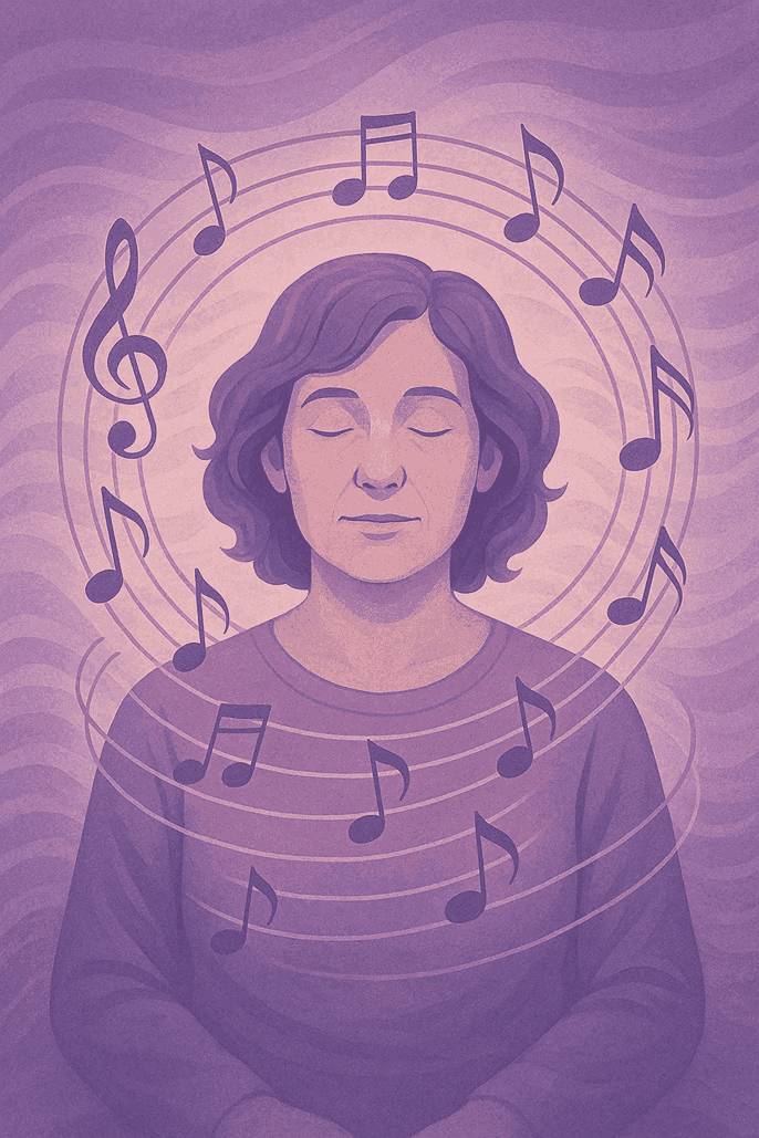 A person surrounded by flowing musical notes and sound waves, symbolizing music as an emotional container and secure attachment figure – Optima Health Services