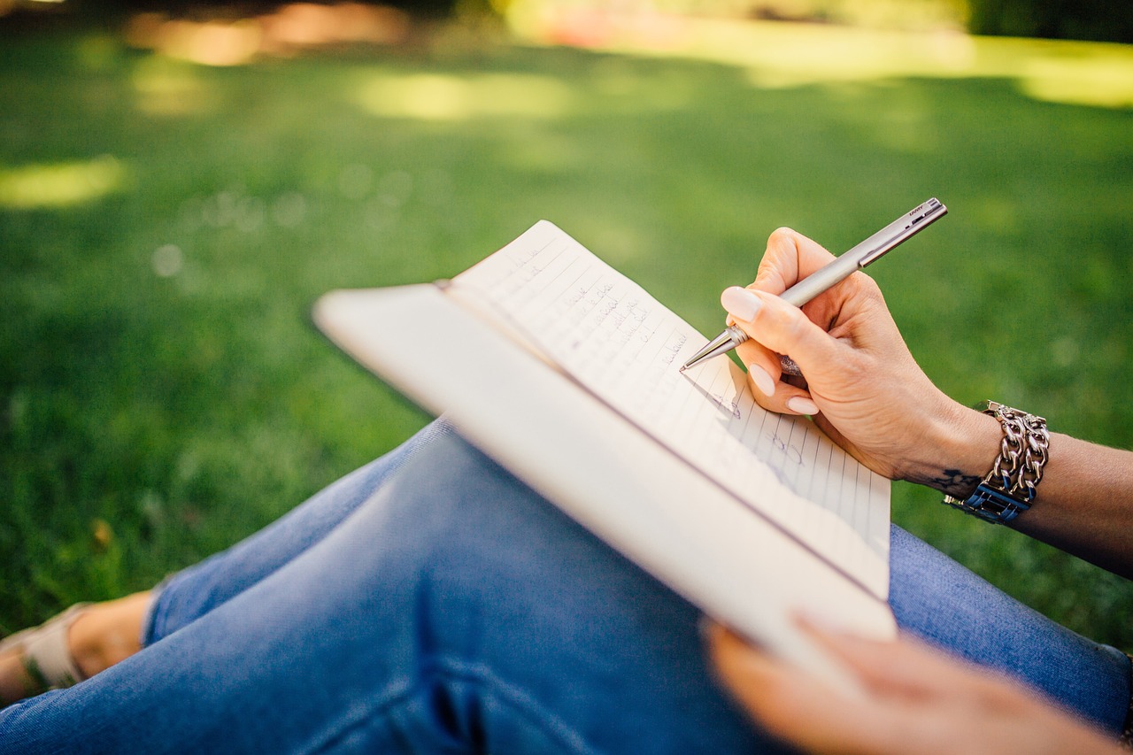 writing, writer, notes, pen, notebook, nature, book, girl, woman, people, hands, grass, outdoors